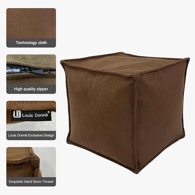 Louis Donné Unstuffed Ottoman Pouf Cover, Soft Handmade Pouf Ottoman Cover Foot Stool, 17.72" Square Small Bean Bag, Ottoman Foot Rest with Storage for Living Rooms Bedrooms, Brown (ONLY Cover)
