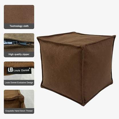 Louis Donné Unstuffed Ottoman Pouf Cover, Soft Handmade Pouf Ottoman Cover Foot Stool, 17.72" Square Small Bean Bag, Ottoman Foot Rest with Storage for Living Rooms Bedrooms, Brown (ONLY Cover)