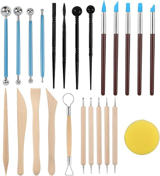RUBFAC Polymer Clay Tools, Clay Tools Kit, 24pcs Clay Sculpting Tools Set with Stylus and Rock Painting Kit - Air Dry Clay Modeling Tools for Pottery and Sculpture
