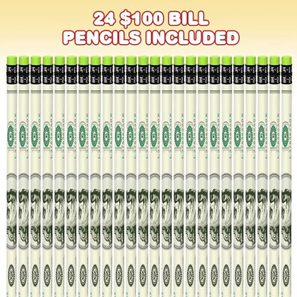 ArtCreativity $100 Bill Pencils, Set of 24, Cool Writing Pencils with Erasers, Birthday Party Favors, Party Goody Bag Fillers, Teacher Supplies for Classroom