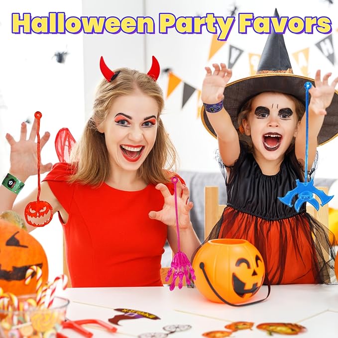 48 Pcs Halloween Treats Non Candy for Kids Sticky Hands and Slap Bracelets Halloween Party Favors Toys Goodie Bag Stuffers (Halloween-48 Pack)