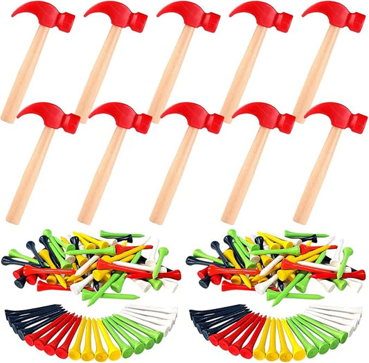10 Pcs Kids Wooden Hammer Toy with 100 Pcs Colorful Wood Golf Tees, Small Plastic Hammer Simulation Hammers Educational Toys for Children Gift Birthday Party (Red)