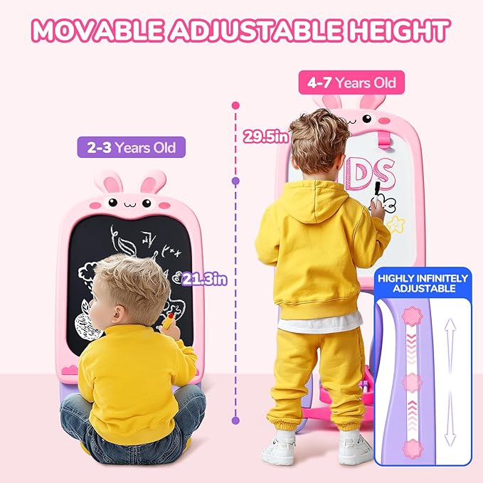 Adjustable Standing Toddler Art Easel with educatinal Accessories for Kid,4-in-1 Double-Side Magnetic Chalkboard&Whiteboard,Dry Eraser Board,Detachable&Portable,Ideal Birthday Gift for2-4,Bunny