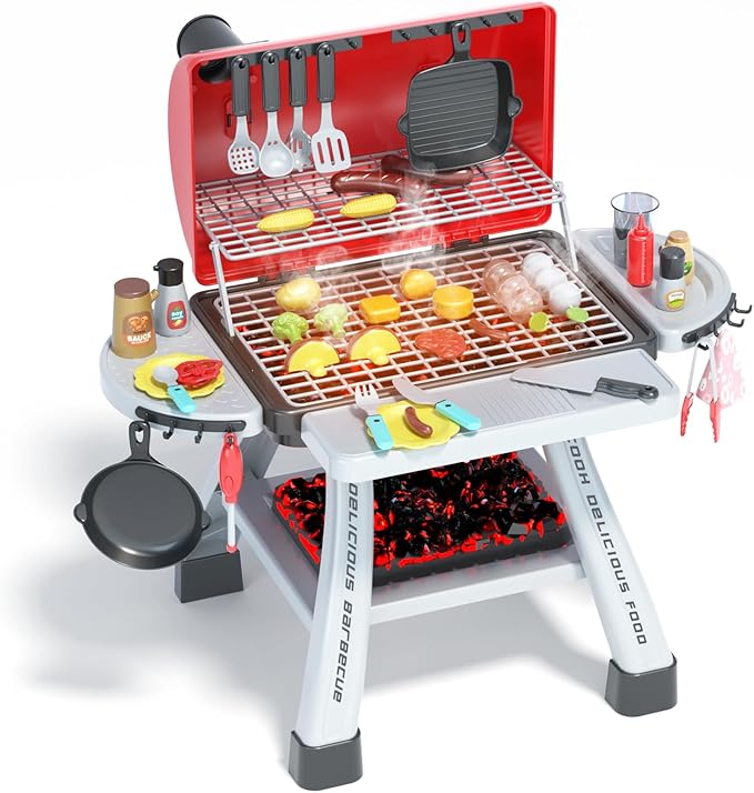 Toddler BBQ Grill Playset - Kitchen Toy Set with Smoke Sound & Light, Toy Grill BBQ Playset for Kids with Pretend Play Food Toys in/Outdoor Interactive Toys BBQ Cooking Game for Girls Boys