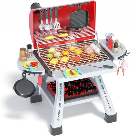 Toddler BBQ Grill Playset - Kitchen Toy Set with Smoke Sound & Light, Toy Grill BBQ Playset for Kids with Pretend Play Food Toys in/Outdoor Interactive Toys BBQ Cooking Game for Girls Boys