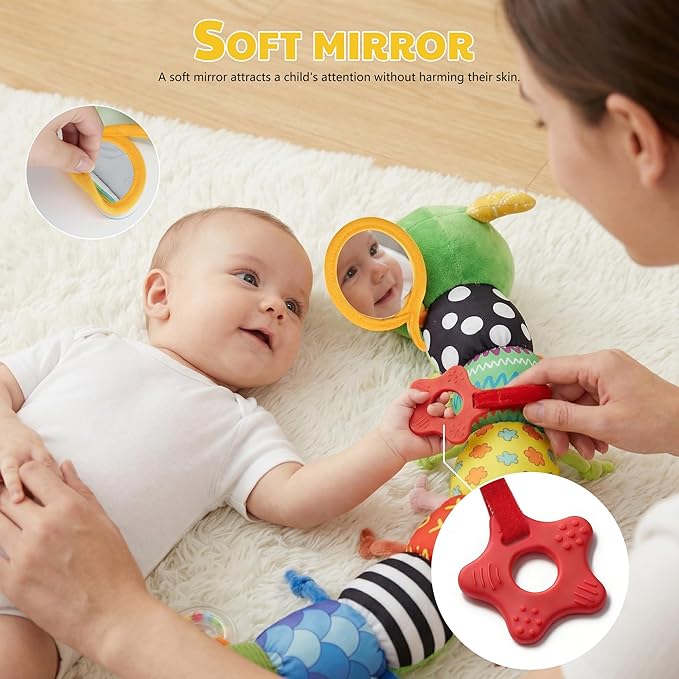 Baby Toys 0-6 Month Musical Caterpillar Toy for Infant 0-3 3-12 Months,Mirror Crinkle Rattle Tummy Time Sensory Toys Newborn Boys&Girls Stuffed Plush Gifts,Car Seat Toys for Outings