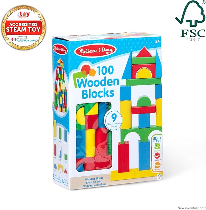 Melissa & Doug Wooden Building Blocks Set - 100 Blocks in 4 Colors and 9 Shapes - FSC Certified