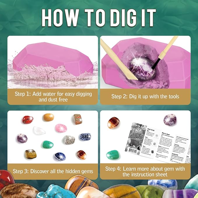 Byncceh Gemstone Dig Kit - Dig up 12 Real Gems, Mineral & Rock Collection Gemstones and Crystals Excavation Kit for Kids STEM Toys Science Educational Birthday Gifts for Boys & Girls