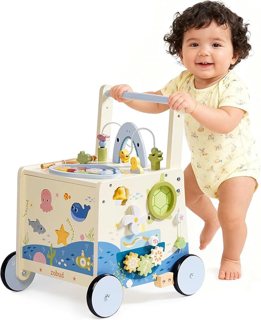 Wooden Baby Walker Push Toy for Toddlers 10M+ | Adjustable Height & Speed Control | Montessori Activity Center with Fishing Game, Music, Storage | Ocean World Theme Learning Walking Toy
