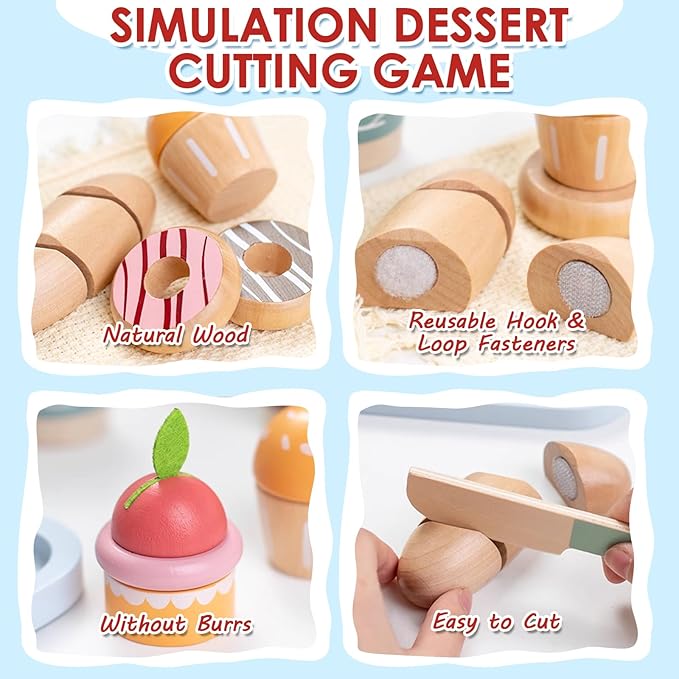 Wooden Food Toys for Toddlers 1-3, Wooden Play Food Set, Breakfast with Velcro Food Cutting Toys, Wood Play Food, Wooden Food for Play Kitchen for Toddlers Boys and Girls, Aged 3 4 5 6