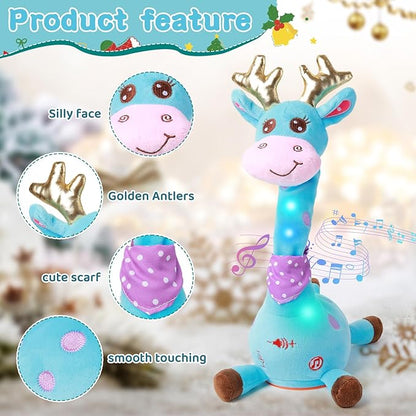 Dancing Talking Giraffe with Golden Antlers Toy, Stuffed Animal Baby Toy Repeating What You Say, Musical Toy with Golden Anlters Easter Gifts for Toddlers 1-3 Years Old (Blue Giraffe Antlers)