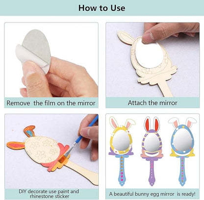 9 Pack Easter Bunny Craft for Kids Decorate You Own Bunny Mirrors for Girls DIY Coloring Hand Mirror for Wooden Easter Craft Project Easter Hunt Gifts