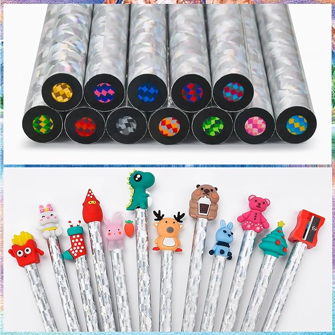FilmHOO Art Supplies for Kids Classroom,12 Rainbow Colored Pencils With Cute Pencil Cap,sharpener,Arts And Crafts 4-12 Year Old Party Favors,Girl Gifts Trendy Stuff