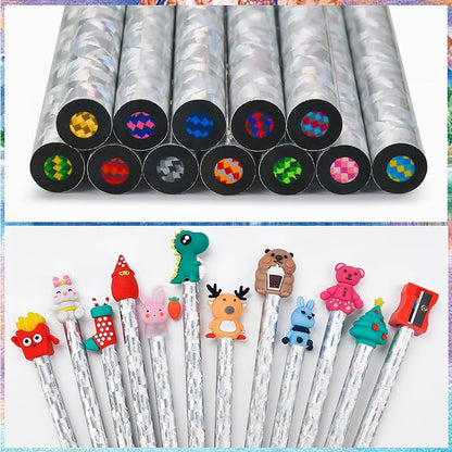 FilmHOO Art Supplies for Kids Classroom,12 Rainbow Colored Pencils With Cute Pencil Cap,sharpener,Arts And Crafts 4-12 Year Old Party Favors,Girl Gifts Trendy Stuff