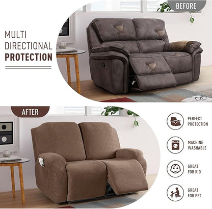 KinCam Recliner Covers, Stretch Reclining Chair Covers, Recliner Sofa Slipcovers Stripe Jacquard Recliner Couch Covers Furniture Protector Covers for Pet Kid (2XL Seater, Light Coffee)