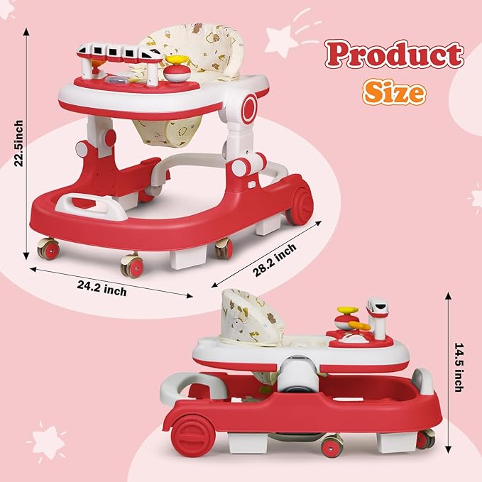 Baby Walker with Wheels, 4 in 1 Foldable Baby Walkers for Boys Girls 6-18 Months, 3 Level Height Adjustment with Bouncing, Feeding Tray & Music, Baby Walker with Activity Center, Toddler Push Walker