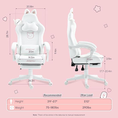 Dowinx Gaming Chair Cute with Cat Ears and Massage Lumbar Support, Ergonomic Computer Chair for Girl with Footrest and Headrest, Comfortable Reclining Game Chair 290lbs for Adult, Teen, White