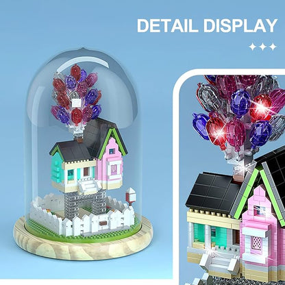 House Building Blocks Kit Toys Set, Miniature 1243 Pcs Micro Bricks Collectible Creative Teen Girl Gifts Age 14 and Up, Dust Cover, Wooden Base Up Balloon Castle Toys DIY Decoration Home