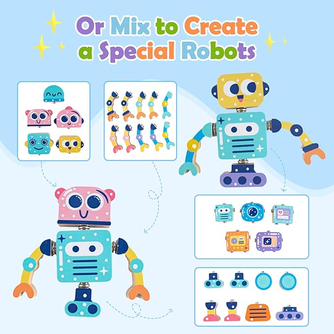 Wooden Snap-Together Building Toys, Robot Building Kit for Kids,STEM Building Blocks,Take Apart Playset 28pcs, Fine Motor Skill Montessori Educational Learning Toys Gift for 3 4 5 6 Years Kids