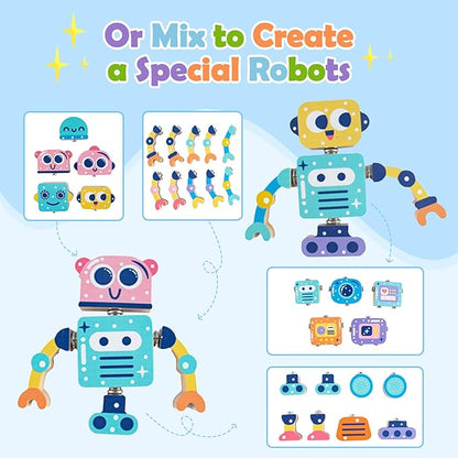 Wooden Snap-Together Building Toys, Robot Building Kit for Kids,STEM Building Blocks,Take Apart Playset 28pcs, Fine Motor Skill Montessori Educational Learning Toys Gift for 3 4 5 6 Years Kids