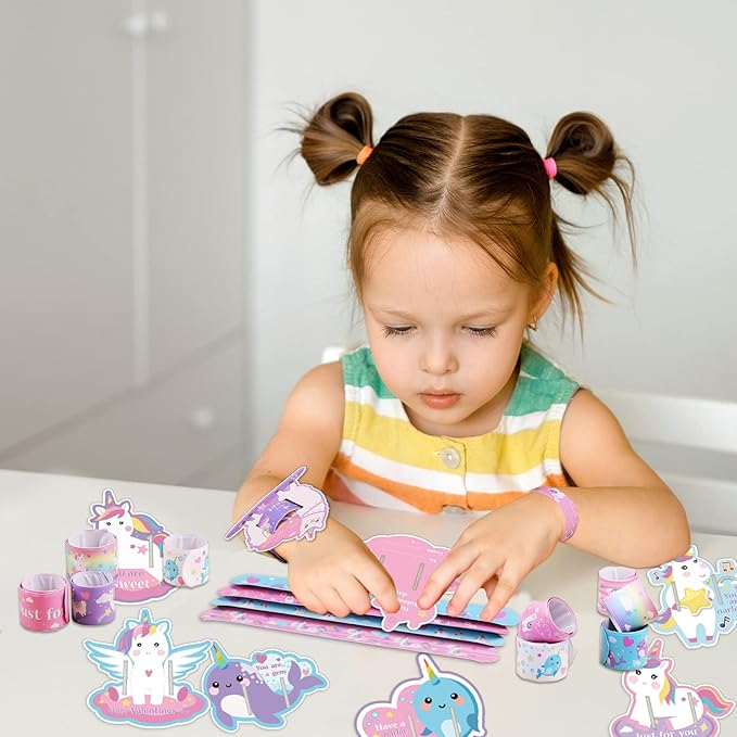 40Pack Valentines Day Greeting Cards and Bracelets for Kids Unicorn Valentines Day Gifts with Wristband Unicorn Cards for Valentines Day Party Decorations Supplies School Classroom Exchange Gift Set