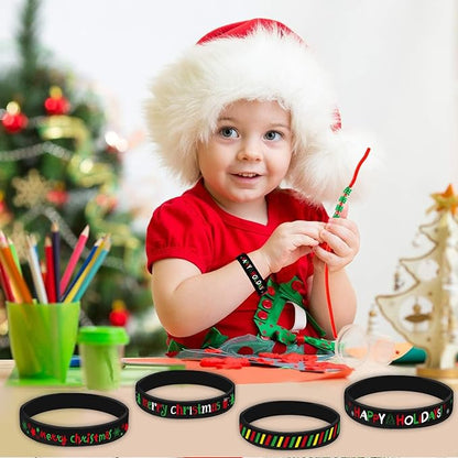 Morcheiong 42 Pieces Christmas Rubber Bracelets 7 Classic Design Silicone Wristbands for Merry Xmas Party Favors (Black)