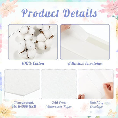 120 Sets Watercolor Paper with Envelopes, 140 lb/300 GSM NOT FOLDABLE Watercolor Paper Cards Blank Watercolor Postcards for Christmas Greeting Cards, Wedding Invitations, Thank You Cards