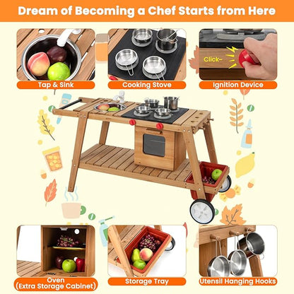 HONEY JOY Mud Kitchen with Umbrella, Wooden Rolling Mud Table Cart, Toddler Outdoor Kitchen Playset, Sink, Faucet, Planting Pots, Utensils, Storage Cabinet, Mud Kitchen for Kids Outdoor with Wheels