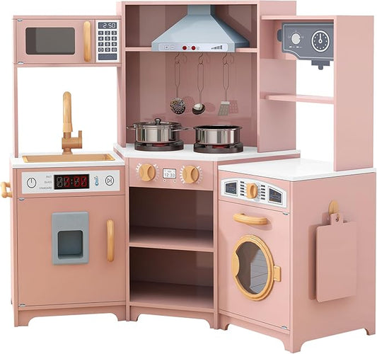 TaoHFE Play Kitchen with Lights and Sounds Pink Kids Kitchen Toddler Kitchen Set with Washer Chalkboard Wooden Kitchen Kids Playset with Washing Machine Range Hood Girls Boys Gift for Ages 3+