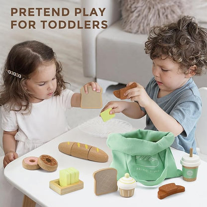 17 PCS Wooden Bakery Toy Food Playset for Kids, Pretend Picnic Play Food for Toddlers 3+, Play Kitchen Accessories with Shopping Bag, Cutting Food Toys, Gift for Girls Boys and Girls