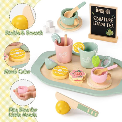 Toyssa Wooden Tea Party Set for Little Girls Toys Toddler Tea Set with Play Kitchen Accessories & Lemonade Stand & Black Board, Wooden Toys for Toddlers Aged 2 3 4 5 6, Birthday Kids Girls Gifts 3+