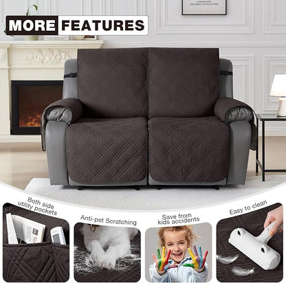 TAOCOCO 100% Waterproof Loveseat Recliner Cover, Non Slip Split Loveseat Covers for Reclining Loveseat with Elastic Straps, Washable Recliner Chair/Furniture Protector for Kids Pets(2 Seater, Coffee)