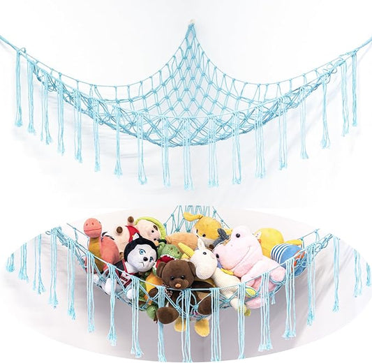 Boho Stuffed Animals Net or Hammock Large,55 inch Toy Hammock Macrame Stuff Animal Storage Corner Hanging Net Holder,Mesh Hammock Plush Toy Organizer with Hooks for Bedroom,Nursery (pale blue)