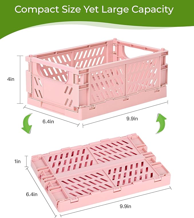 HUUSMOT 2-Pack Small Pastel Plastic Storage Baskets, Collapsible Crates for Organizing, Space-Saving Mini Bins for Classroom, Kitchen, Office, Bedroom (Pink, 9.8" x 6.5" x 3.8")