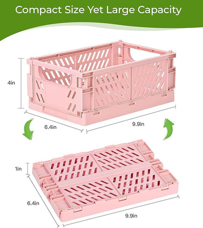 HUUSMOT 2-Pack Small Pastel Plastic Storage Baskets, Collapsible Crates for Organizing, Space-Saving Mini Bins for Classroom, Kitchen, Office, Bedroom (Pink, 9.8" x 6.5" x 3.8")