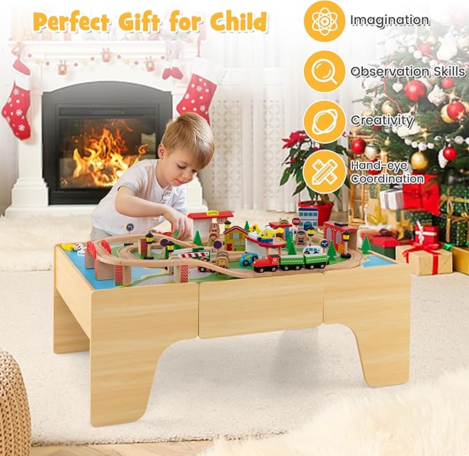 HONEY JOY Train Table, Wooden Kids Activity Table with Storage, 84 Multicolor Pieces, Tracks, Trains, Cars, Toddler Toy Train Table Set w/Reversible Tabletop, Gift for Boys Girls Ages 3+ (Natural)