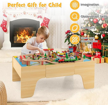 HONEY JOY Train Table, Wooden Kids Activity Table with Storage, 84 Multicolor Pieces, Tracks, Trains, Cars, Toddler Toy Train Table Set w/Reversible Tabletop, Gift for Boys Girls Ages 3+ (Natural)