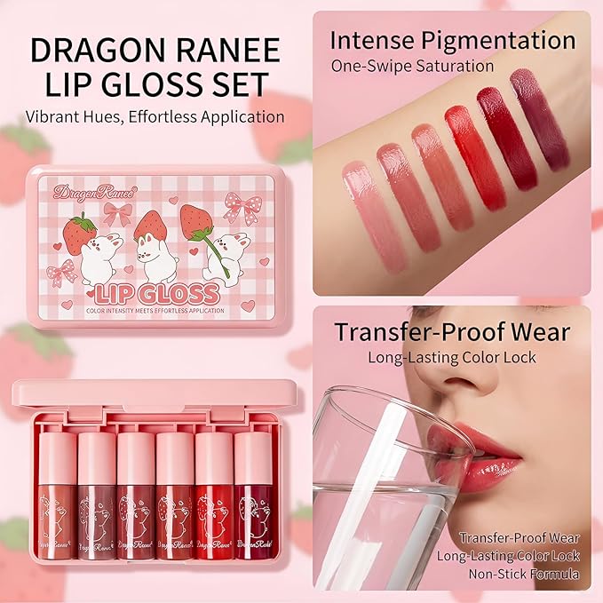 6 Colors Lip Gloss Set, Hydrating Korean Lip Gloss for Women, Non-Sticky Lip Oil Stain, Lip Stain Long Lasting Waterproof, Shiny Lip Gloss for Lip Makeup and Gifts, High Pigment, Vivid Color (Set A)