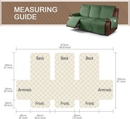 KinCam Waterproof Recliner Sofa Cover, Non-Slip Reclining Couch Covers for 3 Seat, Recliner Couch Cover Furniture Protector with Elastic Straps for Pets, Kids, Vine Green