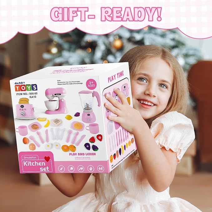 deAO Kids Kitchen Playset,28 PCS Kitchen Appliances Toys with Blender,Mixer and Toaster with Realistic Light and Sounds,Pretend Play Toy for Kids Ages 3 4 5