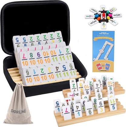 Mexican Train Dominoes Set Numbers and 4 Wooden Racks,Double 12 Travel Domino Train Game with 91 Colored Tiles and Protable Case, Number Domino Set for Kids, Adults Family Board Team Games