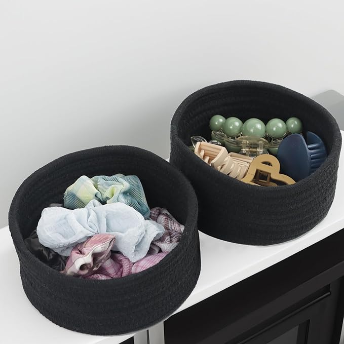 Small Basket, Set of 3 Woven Baskets, Cotton Rope Small Baskets for Organizing, Cute Mini Tiny Storage Basket for Gifts, Decorative Boho Round Bathroom Organization Bin (Black)