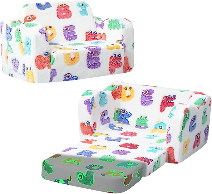 MeMoreCool Glow-in-The-Dark Alphabet Kids Couch – Soft Plush Folding Toddler Chair and Comfy Recliner for Boys and Girls