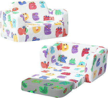 MeMoreCool Glow-in-The-Dark Alphabet Kids Couch – Soft Plush Folding Toddler Chair and Comfy Recliner for Boys and Girls