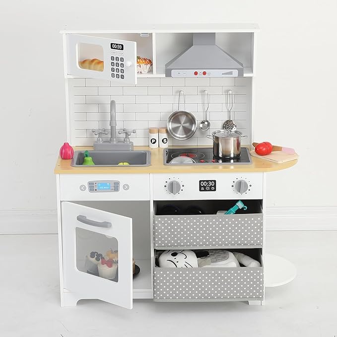 Modern Play Kitchen for Kids,33.4''Toddler Play Kitchen with Toy Storage System,Wooden Kids Play Kitchen Set with Play Features,Kids Pretend Play Kitchen with Cookware Accessories for Ages 3+(White)