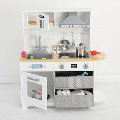 Modern Play Kitchen for Kids,33.4''Toddler Play Kitchen with Toy Storage System,Wooden Kids Play Kitchen Set with Play Features,Kids Pretend Play Kitchen with Cookware Accessories for Ages 3+(White)