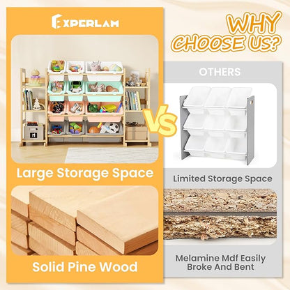 EXPERLAM Extra Large Toy Storage - Toy Storage Organizer, Wooden Toy Organizer with 6 Side Shelves and 12 Bins, 3-in-1 Bookshelf for Kids Rooms, Playroom, Nursery, Multi Color