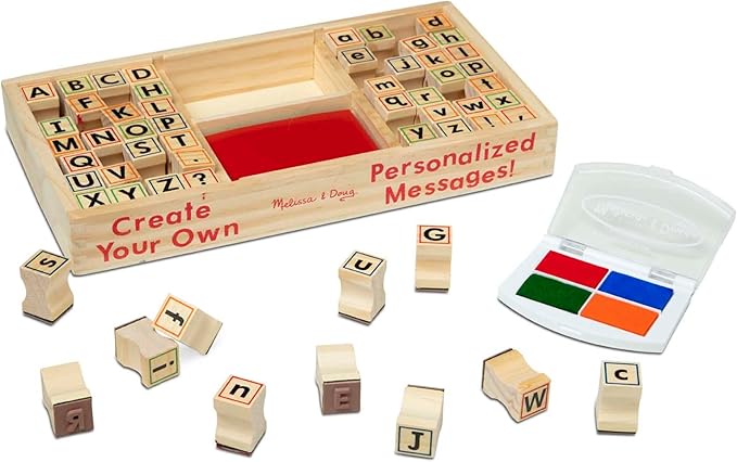 Melissa & Doug Wooden Alphabet Stamp Set - 56 Stamps With Lower-Case and Capital Letters Preschool Writing Toys, ABC Stamps, Kids Arts & Crafts, Letter For Kids Ages 4+