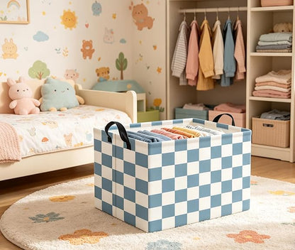 HIYAGON Rectangular Kids Basket Baby Girl Basket Fabric Storage Bin Organizer Box Room Decor(Blue Checkered)