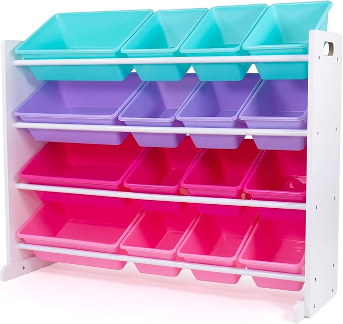 Humble Crew Toy Storage Organizer with 16 Removable Storage Bins for Kids Playroom, 4-Tier Toddler Toy Organization and Storage, White/Blue/Pink/Purple